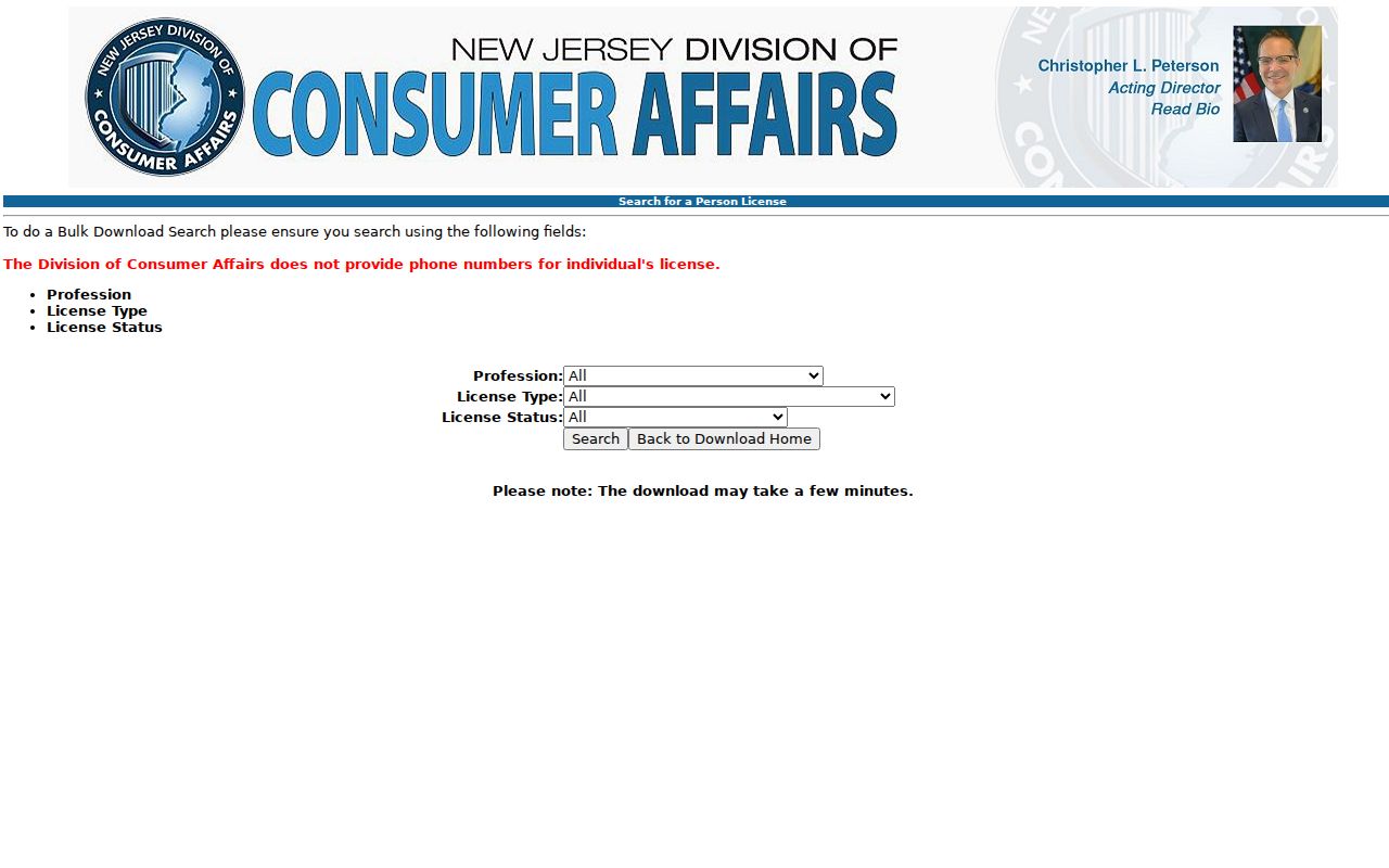 Middlesex County residents directory image of New Jersey professional license search fields