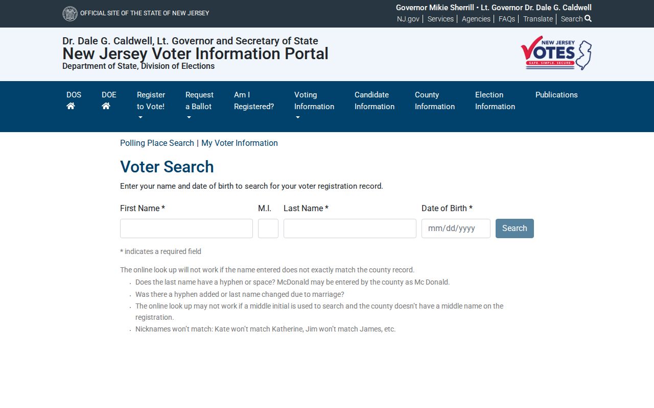 Middlesex County residents directory image of New Jersey voter status lookup