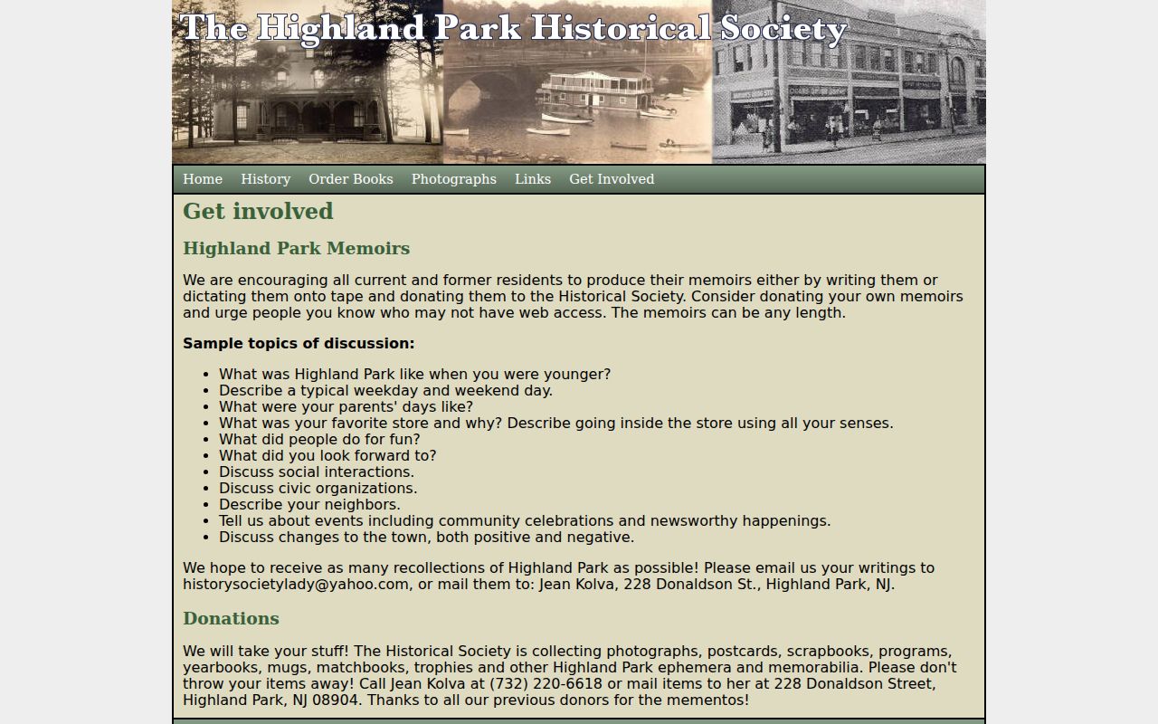 Middlesex County neighbors page showing the Highland Park Historical Society collection contact route