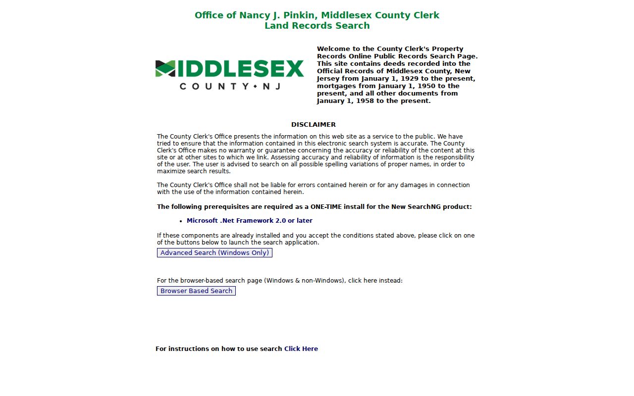 Middlesex County neighbors page showing the County Clerk land-records landing route