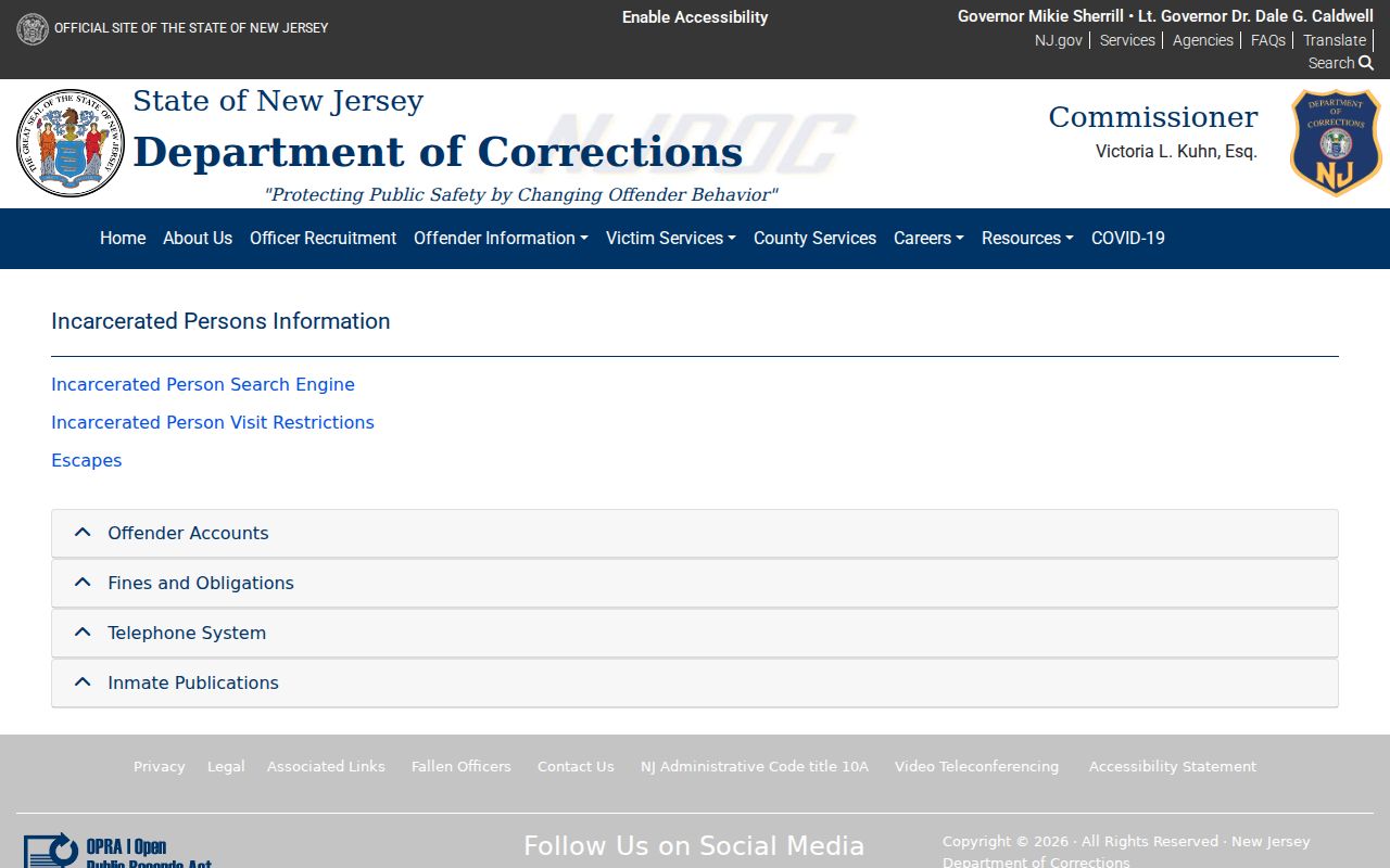 Middlesex County resident lookup page showing the New Jersey Department of Corrections information route