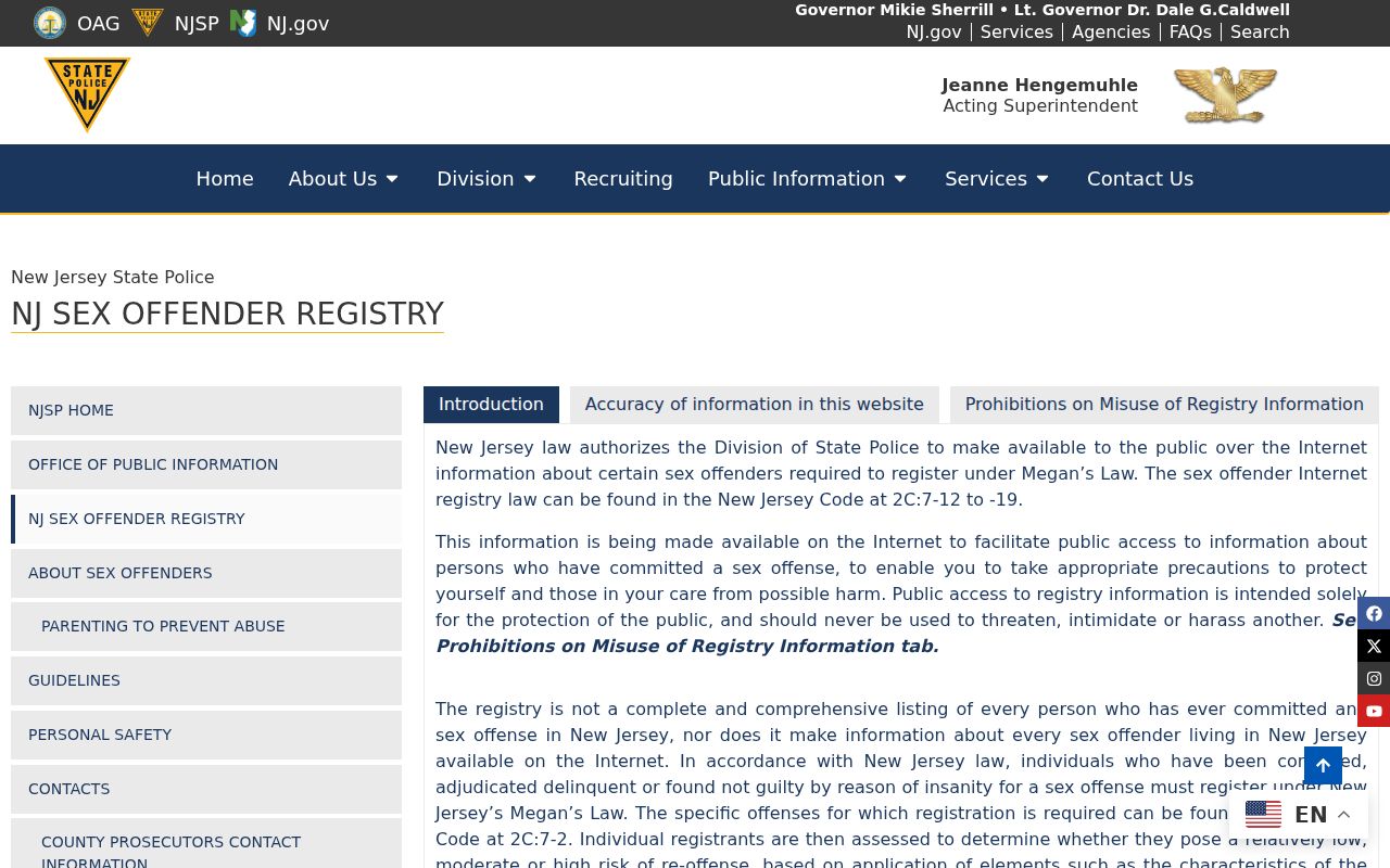 Middlesex County resident lookup page showing the New Jersey State Police registry entry point