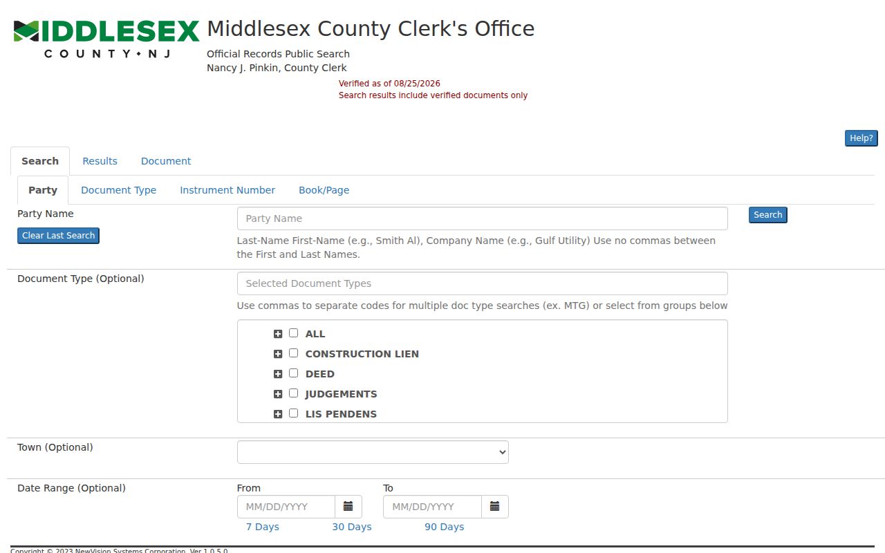 Middlesex County street directory Official Records search fields