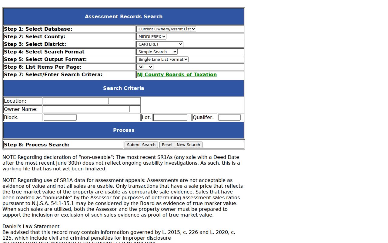 Middlesex County assessment search controls showing district, location, owner name, block, lot, and qualifier fields without a ZIP filter